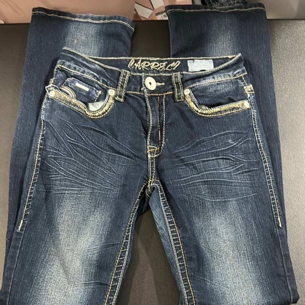36. Carreli Dark Blue Boot Cut Jeans Embroidered Pockets, Size 27